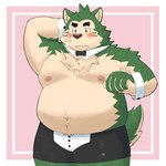 anthro black_nose blush bow_tie clothing green_body humanoid_hands kemono male overweight overweight_male solo underwear yaki_atsuage lifewonders live_a_hero meme_clothing mokdai canid canine canis domestic_dog mammal 1:1 2024 hi_res meme