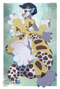 4_arms anthro blue_claws blue_eyes claws clothing female finger_claws fluffy fluffy_chest hair hat headgear headwear logo multi_arm multi_limb simple_background solo text toe_claws white_hair yellow_body mochiri mochiri_(character) eublepharid gecko leopard_gecko lizard reptile scalie 2025 absurd_res artist_logo artist_name cel_shading digital_drawing_(artwork) digital_media_(artwork) english_text hi_res shaded