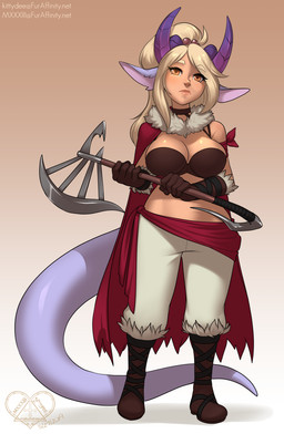 axe blonde_hair breasts clothed clothing female fully_clothed gradient_background hair horn melee_weapon simple_background solo standing weapon wide_hips kittydee humanoid digital_media_(artwork) hi_res shaded