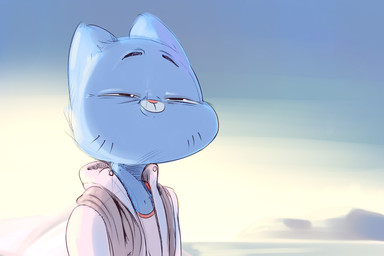 anthro big_head black_eyes blue_body blue_fur clothed clothing fur jacket looking_at_viewer male pink_nose shirt smile solo toony topwear musikalgenius cartoon_network the_amazing_world_of_gumball gumball_watterson domestic_cat felid feline felis mammal bust_portrait colored_sketch digital_media_(artwork) hi_res portrait sketch