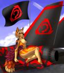 anthro biped black_nose day detailed_background female hair nude outside sitting sky smile solo tales_foxdale command_and_conquer electronic_arts canid canine f-14_tomcat mammal 2019 digital_media_(artwork) hi_res