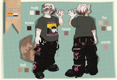 anthro arm_hair body_hair bondage_pants boots bottomwear brown_highlights cheek_tuft clothing eyewear facial_tuft fangs footwear glasses hair highlights_(coloring) lgbt_pride male markings nonbinary_pride_colors open_mouth open_smile pansexual_pride_colors pants pride_colors shirt shoes smile striped_markings striped_tail stripes t-shirt tail tail_markings teeth text topwear tuft white_hair kyabetsu scraps_manor mammal procyonid raccoon english_text model_sheet nonbinary_(lore)