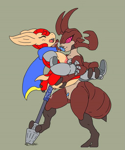 antennae_(anatomy) anthro anus areola armor armor_plates armored_boots arthropod_abdomen big_breasts bodily_fluids breast_lick breast_play breasts brown_body butt clitoris clothing duo female female/female footwear gauntlets genital_fluids genitals gloves green_eyes handwear improvised_dildo improvised_sex_toy licking mace mandibles melee_weapon mostly_nude mostly_nude_anthro mostly_nude_female multi_arm multi_limb nipples nude nude_anthro nude_female object_in_pussy object_insertion object_penetration open_mouth penetration red_body red_eyes scarf sex simple_background stand_and_carry_position standing standing_sex tail tan_body teeth tongue tongue_out vaginal vaginal_penetration vulva weapon weapon_penetration meatboom arma's_quest arma_(arma's_quest) ant armadillo arthropod hymenopteran insect mammal xenarthran animated digital_media_(artwork)