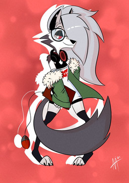anthro computer_mouse cosplay electronics eyewear female glasses hair hair_over_eye headphones red_sclera smile solo voice_actor_joke brush_of_chaos atlus hellaverse helluva_boss megami_tensei mythology persona_(series) persona_5 sega futaba_sakura loona_(helluva_boss) canid canid_demon canine demon hellhound mammal mythological_canine mythological_creature
