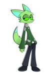 anthro bottomwear clothing coat footwear fur green_body green_clothing green_eyes green_fur male pants shoes simple_background solo tall tired tired_eyes topwear villainous trinitroid trinitro_stropher canid canine fox mammal absurd_res full-length_portrait hi_res portrait