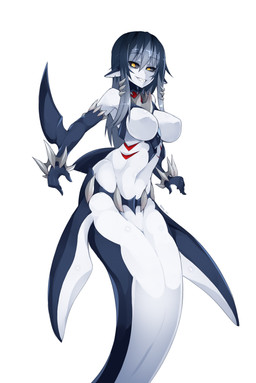 big_breasts black_sclera breasts featureless_breasts female hair looking_at_viewer monster_girl_(genre) navel non-mammal_breasts pupils sharp_teeth simple_background slit_pupils smile solo split_form teeth white_background yellow_eyes sub-res monster_girl_encyclopedia mershark_(mge) aquatic fish merfolk shark 2017 absurd_res hi_res