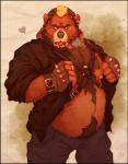 anthro beard biped cigar clothing ear_piercing facial_hair gloves hairy handwear harness heart_symbol jacket leather looking_at_viewer male nipples overweight overweight_anthro overweight_male piercing ring smoke smoking solo standing topwear vetrowolf bear mammal hi_res