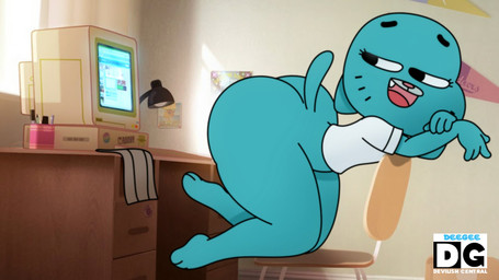 3_toes 4_fingers anthro big_butt blue_body blue_fur bottomless butt chair clothed clothing computer electronics feet female fingers fur furniture lamp on_model solo thick_thighs toes deegee cartoon_network the_amazing_world_of_gumball nicole_watterson felid feline mammal 16:9 2022 digital_media_(artwork) hi_res widescreen