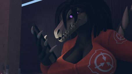 anthro black_hair bone breasts cellphone cleavage close-up clothed clothing electronics female hair inside looking_at_object looking_at_phone phone skull skull_head smartphone solo equilibriea da.nilkaz_(modeler) scp_foundation scp-682 scp-682_(da.nilkaz) lizard reptile scalie 16:9 3d_(artwork) digital_media_(artwork) hi_res widescreen