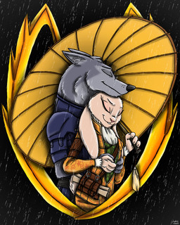 4_fingers anthro anthro_on_anthro armor black_nose breasts clothed clothed_anthro clothed_female clothed_male clothing dress duo eyes_closed female fingers fur grey_body grey_fur humanoid_hands interspecies interspecies_romance male male/female pink_nose raining romantic romantic_ambiance romantic_couple smile umbrella white_body white_fur ziegelzeig armello league_of_geeks amber_(armello) thane_(armello) canid canine canis lagomorph leporid mammal rabbit wolf 4:5 absurd_res hi_res