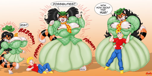 anthro big_breasts breasts female gown huge_breasts hyper hyper_breasts inanimate_to_anthro muscular muscular_female tawnya_tiger text plumpdragon wes13 felid mammal pantherine tiger absurd_res digital_media_(artwork) english_text hi_res