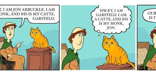 blue_background book border candle chair cloak clothed clothing desk dialogue duo feral furniture gesture hair hand_gesture humor male medieval monk parody pointing robe simple_background sitting table text thought_bubble tonsure white_border dsamowen garfield_(series) garfield_the_cat jon_arbuckle domestic_cat felid feline felis human mammal tabby_cat 2026 absurd_res comic english_text hi_res multiple_scenes url