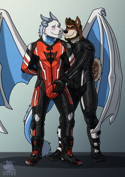 anthro anthro_on_anthro aroused beard biker biker_gloves bikesuit black_clothing blue_markings blush boots brown_body brown_fur brown_hair bulge bulge_fondling bulge_grab bulge_rubbing clothed clothing detailed_bulge dominant dominant_anthro dominant_male duo embarrassed embarrassed_horny erection_through_clothing facial_hair flustered footwear fur gear genital_outline gloves grey_body grey_hair hair handjob handjob_through_clothing handwear leather leather_boots leather_clothing leather_footwear leather_gloves leather_handwear leather_suit light_body light_fur male male/male markings penile penis_outline red_clothing sex shoes smile smirk smug_face submissive submissive_anthro submissive_male tail teasing torrosketch european_mythology mythology slinky_(slinkyman) canid canine canis domestic_dog dragon mammal mythological_creature mythological_scalie scalie shiba_inu spitz western_dragon hi_res