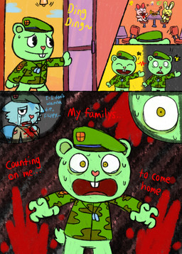 4_fingers anthro army_uniform bell beret black_background blood blood_on_body blue_body bodily_fluids bow_(feature) buckteeth camo chair clothing color_coded_text cotton_tail ding_(sound) dog_tags door female female_anthro fingers food furniture green_body grey_background hat head_tuft headgear headwear ketchup long_ears male male_anthro mitten_hands pink_body ptsd scut_tail short_ears short_tail simple_background sweat table tail tears teeth text tuft yellow_background yellow_body yellow_eyes nikko-kai-cutie happy_tree_friends cuddles_(htf) fan_character flippy_(htf) fliqpy_(htf) giggles_(htf) raff_(nikko-kai-cutie) bear canid canine canis chipmunk ground_squirrel lagomorph leporid mammal rabbit rodent sciurid wolf 2020 absurd_res comic english_text hi_res