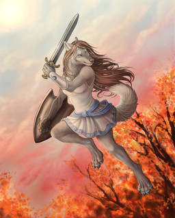 anthro biped clothing dress female jumping melee_weapon shield solo sword tail weapon rukis canid canine canis mammal wolf