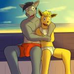 1:1 anthro anthrofied arm_around_shoulders beach big_bulge boxers_(clothing) briefs briefs_only bulge bulge_size_difference clothed clothing cuddling duo eeveelution embrace fuze generation_1_pokemon hi_res hug jolteon male mammal nintendo open_mouth pokemon pokemon_(species) pokemorph rhinoceros rhydon scalie seaside simple_background smile sunset teeth_showing tighty_whities tongue_showing topless translucent translucent_briefs translucent_clothing translucent_underwear trent_(fuze) underwear underwear_only white_briefs white_clothing white_underwear