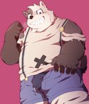 anthro belly bodily_fluids bottomwear bulge clothing genital_fluids humanoid_hands kemono looking_at_viewer male overweight overweight_anthro overweight_male pants precum shirt simple_background solo topwear underwear park_draw gleipnir shuichi_kagaya animate_inanimate bear living_clothing living_costume living_fursuit mammal 2020 absurd_res hi_res