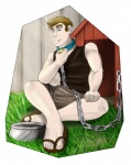 blue_eyes bowl brown_hair bulge chain clothed clothing collar container doghouse fasttrack37d hair hi_res human human_only male mammal not_furry pet_bowl solo story story_in_description thong transformative_collar underwear