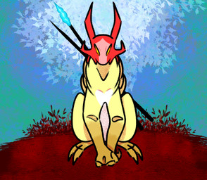 ambiguous_gender antlers claws feral fur glowing horn markings melee_weapon orange_eyes plant polearm red_markings simple_background sitting solo spear weapon white_markings yellow_body kayw2324 rain_world videocult fan_character grace_stunt_(kayw2324) scavenger_(rain_world) hi_res