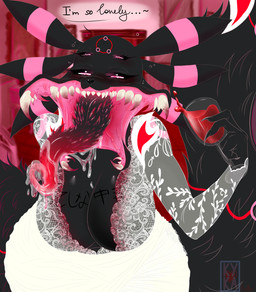 4_eyes 6_ears alcohol anthro beverage big_breasts bigtail black_body black_fur blood blood_in_mouth blood_on_clothing bodily_fluids breasts bubble chest_tattoo claws clothed clothing container cup dress drinking_glass dripping drunk drunk_bubble exotic_tongue fangs feral flatline fur glass glass_container glass_cup inviting markings monster_tongue multi_ear multi_eye open_mouth pink_markings saliva saliva_drip saliva_on_breasts saliva_on_tongue saliva_string sharp_teeth sitting smile solo spiked_tongue substance_intoxication tail tattoo teeth tongue unusual_anatomy unusual_tail white_clothing white_dress wide_hips wine wine_glass rozjins nintendo pokemon eeveelution generation_2_pokemon pokemon_(species) umbreon hi_res