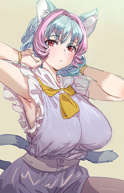 big_breasts blue_hair bottomwear breasts clothed clothing eyebrow_through_hair eyebrows eyelashes female frilly frilly_clothing hair kerchief multicolored_hair nipple_outline pink_hair red_eyes skirt sleeveless_shirt solo tail translucent translucent_hair bow_(artist) animal_humanoid cat_humanoid felid felid_humanoid feline feline_humanoid humanoid mammal mammal_humanoid 2022
