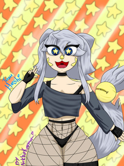 clothing duo female fishnet_clothing flat_chested grey_hair hair pointy_ears short_hair tail tusu_hoshi nekho_karma vtuber human mammal 3:4 absurd_res hi_res
