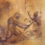 ambiguous_gender armor attack battle beak blood bodily_fluids brown_background death group headgear helmet holding_object holding_weapon insect_legs melee_weapon simple_background swinging_weapon violence weapon julek_heller the_ancestral_trail accipitrid accipitriform arthropod avian bird eagle humanoid insect 1993 1:1 hi_res official_art traditional_media_(artwork)