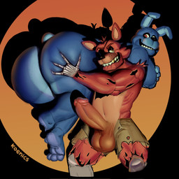 anthro balls big_butt big_penis bite blue_body bottomwear butt butt_grab carrying_another carrying_partner clothing duo erection eye_patch eyewear genitals hand_on_butt huge_butt humanoid_genitalia humanoid_penis imminent_sex lips looking_back machine male male/male nude penis red_body sharp_teeth shirtless shorts shoulder_carry simple_background smile teeth koenics five_nights_at_freddy's scottgames bonnie_(fnaf) foxy_(fnaf) animatronic lagomorph leporid mammal rabbit robot 1:1 2024 digital_media_(artwork) digital_painting_(artwork) hi_res painting_(artwork)