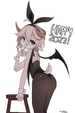 anthro bunny_costume butt clothing costume female furniture hair horn pink_body pink_hair solo stool tongue tongue_out wings bovid caprine goat mammal vampire absurd_res hi_res