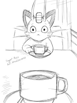 ambiguous_gender anthro beverage chair coffee_cup container cup detailed_background front_view furniture inside looking_at_viewer on_chair sitting solo stare table winick-lim nintendo pokemon generation_1_pokemon meowth pokemon_(species) 2025 3:4 greyscale monochrome signature