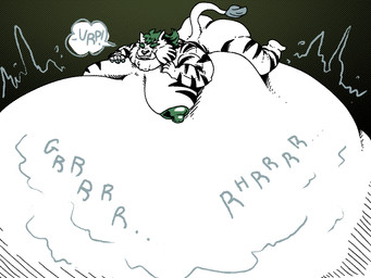 anthro belly belly_inflation big_belly big_butt bloated burping butt fangs fur green_hair hair huge_belly hyper hyper_belly inflation male moobs nipples rumbling_stomach solo teeth white_body white_fur telstartelstar yu_yu_hakusho byakko_(yu_yu_hakusho) demon felid mammal pantherine tiger 4:3