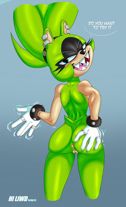 anthro anus big_butt black_body black_fur black_nose blue_background blue_eyes bracelet butt clothing dialogue ear_piercing eyelashes facial_markings female fur genitals gloves gloves_only green_body green_fur hand_on_butt handwear handwear_only head_markings jewelry looking_at_viewer looking_back looking_back_at_viewer markings mostly_nude narrowed_eyes open_mouth open_smile piercing rear_view ring sharp_teeth simple_background smile solo studded_bracelet studded_jewelry studs talking_to_viewer tan_body tan_fur teeth text thick_thighs vulva white_clothing white_gloves white_handwear wide_hips hiliwd idw_publishing sega sonic_the_hedgehog_(comics) sonic_the_hedgehog_(idw) sonic_the_hedgehog_(series) surge_the_tenrec afrosoricid mammal tenrec hi_res
