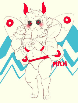 4_arms antennae_(anatomy) anthro barazoku beard blush body_hair bottomwear clothed clothing facial_hair jockstrap male multi_arm multi_limb muscular muscular_anthro muscular_male neck_tuft nipples pecs red_body shy solo tuft underwear wings mpchto home_zomewhere_else mothoc arthropod insect lepidopteran moth hi_res