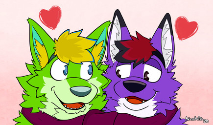 anthro biped black_nose blonde_hair blue_eyes brown_eyes cheek_tuft countershade_torso countershading dipstick_ears duo ear_markings eye_contact eyebrows facial_tuft fangs front_view fur fur_tuft gradient_background green_body green_fur grey_body grey_countershading grey_nose hair head_tuft heart_symbol inner_ear_fluff looking_at_another love male mostly_nude multicolored_body multicolored_ears multicolored_fur neck_tuft number open_mouth pink_background purple_body purple_fur red_hair red_tongue romantic romantic_couple scarf short_hair simple_background standing teeth text tongue toony tuft white_text kaohto canid canine mammal 2020 absurd_res alternate_version_at_source character_request dated digital_drawing_(artwork) digital_media_(artwork) headshot_portrait hi_res portrait signature
