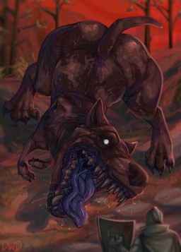 ambiguous_gender biped blue_tongue bodily_fluids butt claws digitigrade duo fangs feral knight larger_ambiguous larger_feral nightmare_fuel open_mouth outside saliva saliva_on_tongue saliva_string sharp_teeth shield size_difference smaller_ambiguous smaller_human teeth thick_thighs toe_claws tongue tongue_out warrior white_eyes white_sclera dimwitdog elden_ring fromsoftware tarnished_(elden_ring) canid canine canis domestic_dog human mammal monstrous_dog_(elden_ring) 2022 absurd_res digital_media_(artwork) hi_res