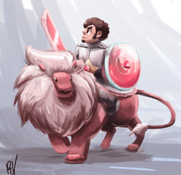 aged_up armor belly_gem brown_hair duo facial_hair feral fur gem hair male melee_weapon pink_body pink_fur riding riding_on_back shield sword weapon unknown_artist cartoon_network steven_universe lion_(steven_universe) steven_quartz_universe diamond_(gem_species) felid gem_(species) human lion mammal pantherine absurd_res hi_res