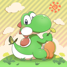 ambiguous_gender blush clothing cloud duo flower footwear grass plant sitting smile sun tail tailbutt thick_tail yoshi00000091 mario_bros nintendo ambient_arthropod ambient_butterfly ambient_insect arthropod butterfly green_yoshi insect lepidopteran yoshi 1:1 2020 hi_res