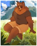 4_fingers 4_toes anthro border bottomwear brown_body brown_fur brown_inner_ear_fluff brown_nose clothed clothing cloud eyes_closed feet fingers fur grass inner_ear_fluff male neck_tuft outside plant shirt shorts sitting solo toes topwear tuft white_border punkinbuu blais bear mammal hi_res