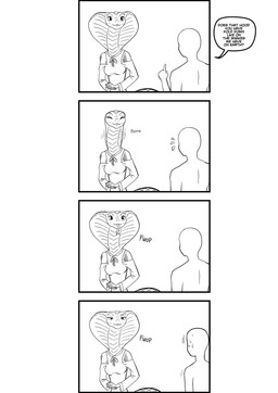 ambiguous_gender apode bodily_fluids breasts clothed clothing dialogue duo emanata eyebrows eyes_closed female forked_tongue half-closed_eyes legless motion_lines narrowed_eyes non-mammal_breasts raised_eyebrow serpentine simple_background snake_hood sound_effects speech_bubble sweat sweatdrop text tongue tongue_out white_background pencils_(artist) x-com anon cobra draconcopode human mammal naga reptile scalie snake viper_(x-com) 2020 2_frame_animation animated animated_comic black_and_white comic english_text hi_res monochrome