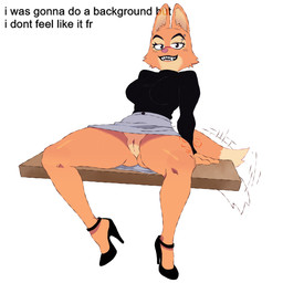 alternate_costume anthro arm_support barbell_piercing biped black_clothing black_footwear black_high_heels black_shoes blush blush_lines bottomless bottomless_female bottomwear butt butt_from_the_front clothed clothing countershade_face countershading dipstick_tail eyebrow_piercing eyebrows eyelashes facial_piercing facial_tuft female female_anthro footwear fur genitals high_heels long_eyelashes looking_at_viewer markings motion_lines orange_body orange_fur piercing pink_nose pupils shoes simple_background sitting skirt smile snout solo tail tail_markings tail_motion tailwag teeth text tuft upskirt vulva white_background kerotheklutz dreamworks the_bad_guys diane_foxington canid canine fox mammal 1:1 digital_media_(artwork) english_text hi_res watermark