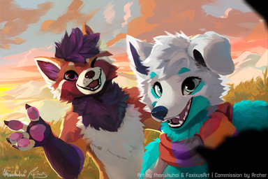 4_fingers anthro black_nose blue_body blue_eyebrows blue_eyes blue_fur cheek_tuft duo eyebrows facial_tuft fangs fingers fur hair looking_at_viewer male nude one_eye_closed open_mouth outside pawpads pink_pawpads purple_hair red_body red_eyes red_fur scarf selfie short_hair sky smile smiling_at_viewer snout teeth tuft white_body white_eyebrows white_fur white_hair thanshuhai ailurid canid canine canis domestic_dog mammal red_panda 2026 colored digital_media_(artwork) digital_painting_(artwork) painting_(artwork) shaded