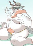 anthro black_body black_feathers blush body_hair camel_toe clothing feather_hands feathers happy_trail hat headgear headwear horn kneeling male moobs nipples overweight overweight_male pubes red_body red_feathers sitting solo sun_hat text white_body white_feathers 1boshi anothereidos_of_dragon_vein_r kancrow avian bird corvid corvus_(genus) crow oscine passerine hi_res japanese_text