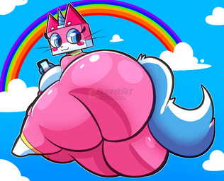 anthro big_breasts big_butt blush breasts bubble_butt butt female fluffy fluffy_tail horn huge_butt huge_hips huge_thighs hyper hyper_butt looking_at_viewer looking_back nipples solo tail thick_thighs wide_hips bunnit_(artist) lego mythology the_lego_movie unikitty domestic_cat equid equine felid feline felis hybrid mammal mythological_creature mythological_equine unicorn 2026 absurd_res hi_res