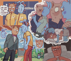 anthro blush bow_tie briefs clothing embarrassed fantasizing hoodie kissing male male/male suit text topwear underwear featherk1ss deltarune undertale undertale_(series) burgerpants nicecream_man domestic_cat felid feline felis lagomorph leporid mammal rabbit english_text