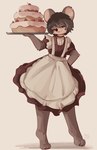 anthro barefoot cake clothed clothing dessert feet food fully_clothed fur holding_cake holding_food holding_object looking_at_viewer maid_uniform pose simple_background smile solo standing uniform conditional_dnp tohupo mammal mouse murid murine rodent 2024 absurd_res dated digital_media_(artwork) hi_res signature