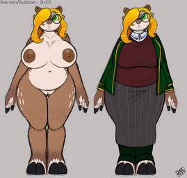 anthro antlers big_breasts breasts clothed clothing eyewear female fur genitals glasses hair hooves horn huge_breasts nipples nude simple_background solo spots thick_thighs vulva drxii titania_witherbourne deer hybrid mammal new_world_deer reindeer digital_media_(artwork) hi_res model_sheet