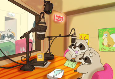 black_eyes black_nose chibi detailed_background dot_eyes electronics feral group inside microphone simple_eyes sitting yuswith2354 mammal procyonid raccoon 2022 hi_res