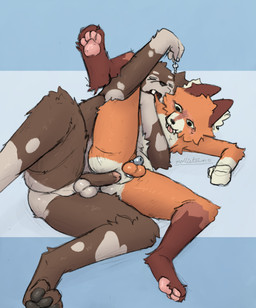 anthro arm_around_partner balls blep brown_body brown_fur chastity_cage chastity_device chastity_key duo eyes_closed fur genitals gloves_(marking) holding_key holding_object hot_dogging humanoid_genitalia humanoid_hands humanoid_penis key leg_markings male male/male markings metal_chastity_cage nude_anthro nude_male orange_body orange_fur pawpads penis pink_pawpads pink_tongue sex socks_(marking) solid_chastity_cage spots spotted_body spotted_fur tan_body tan_fur tongue tongue_out wearing_chastity_cage wearing_chastity_device mollietown canid canine canis domestic_dog fox mammal 2026 digital_drawing_(artwork) digital_media_(artwork) english_description hi_res