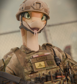 anthro armor clothing dutch_angle electronics female forked_tongue gadsden_flag green_eyes hat headgear headwear helmet long_neck looking_at_viewer military_cap military_helmet military_uniform military_vest open_mouth scales solo tan_body tan_scales text text_on_clothing tongue tongue_out uniform ventral_scales jaeger3d da.nilkaz_(modeler) don't_tread_on_me dasha_(da.nilkaz) reptile scalie snake 2025 3d_(artwork) absurd_res digital_media_(artwork) english_text hi_res