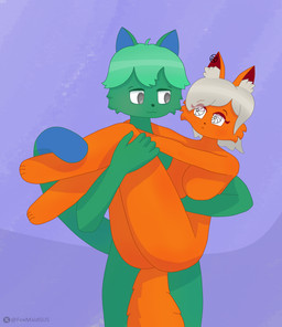 5_fingers anthro arm_around_neck arm_under_breasts big_breasts breasts dipstick_tail duo ear_piercing ear_ring eye_contact featureless_breasts female fingers fur green_body green_fur green_hair grey_eyes grey_hair hair hair_over_eye hand_on_leg hand_on_neck holding_another holding_partner inner_ear_fluff looking_at_another male male/female markings multicolored_tail no_pupils orange_body orange_fur paws piercing ring_piercing romantic romantic_couple short short_hair simple_background size_difference snout spiral spiral_eyes tail tail_markings tall tuft foxmaidsus ploton_(foxmaidsus) syn_(foxmaidsus) canid canine domestic_cat felid feline felis fox mammal hi_res